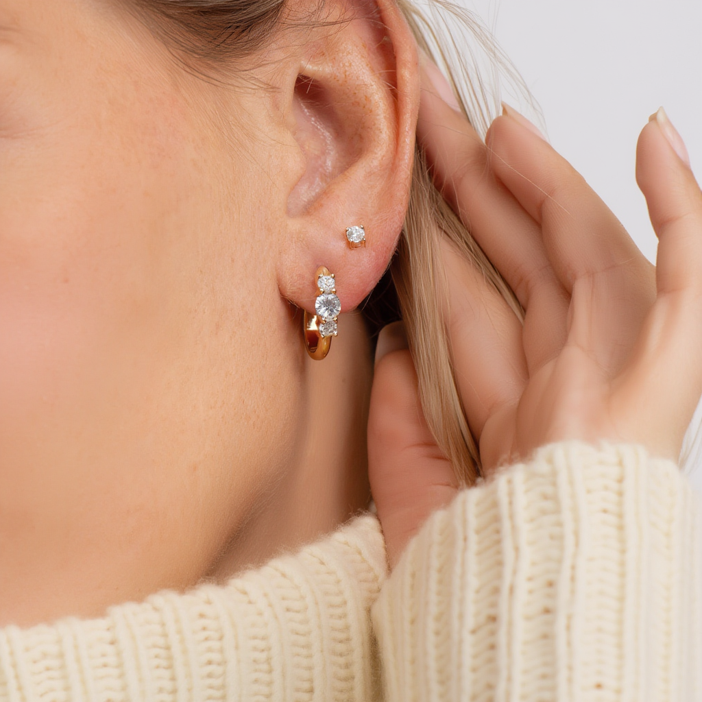 Three Stone Huggie Hoops