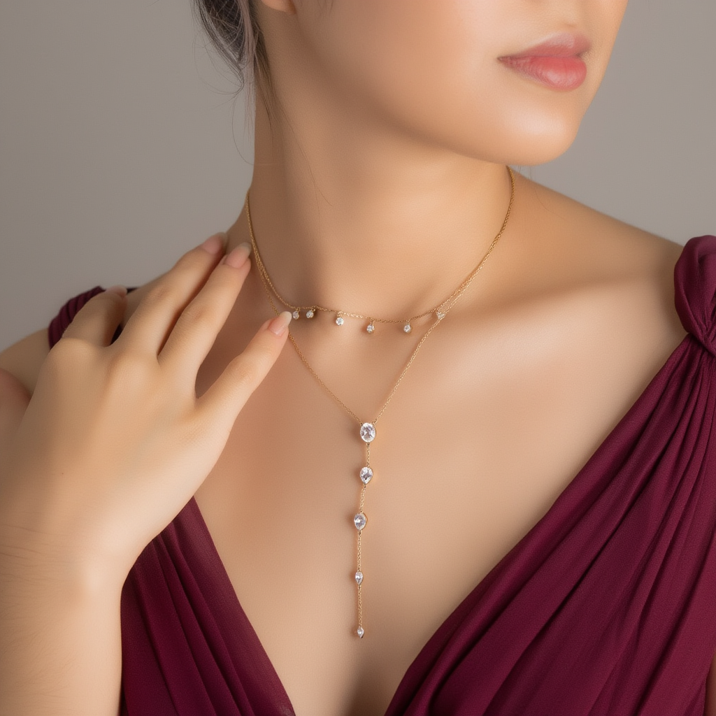 Dainty Crystals Y-Shape Necklace Sterling Silver