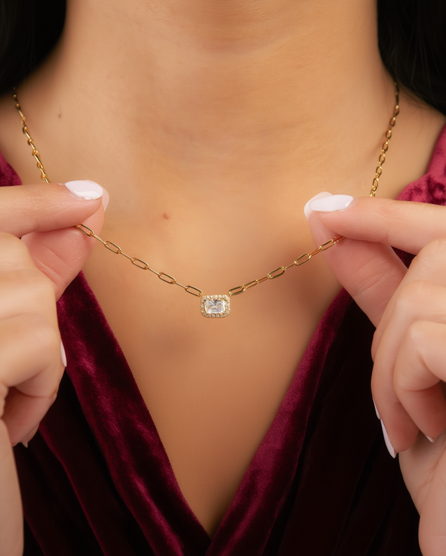 Halo Baguette Necklace w/ Paperclip Chain