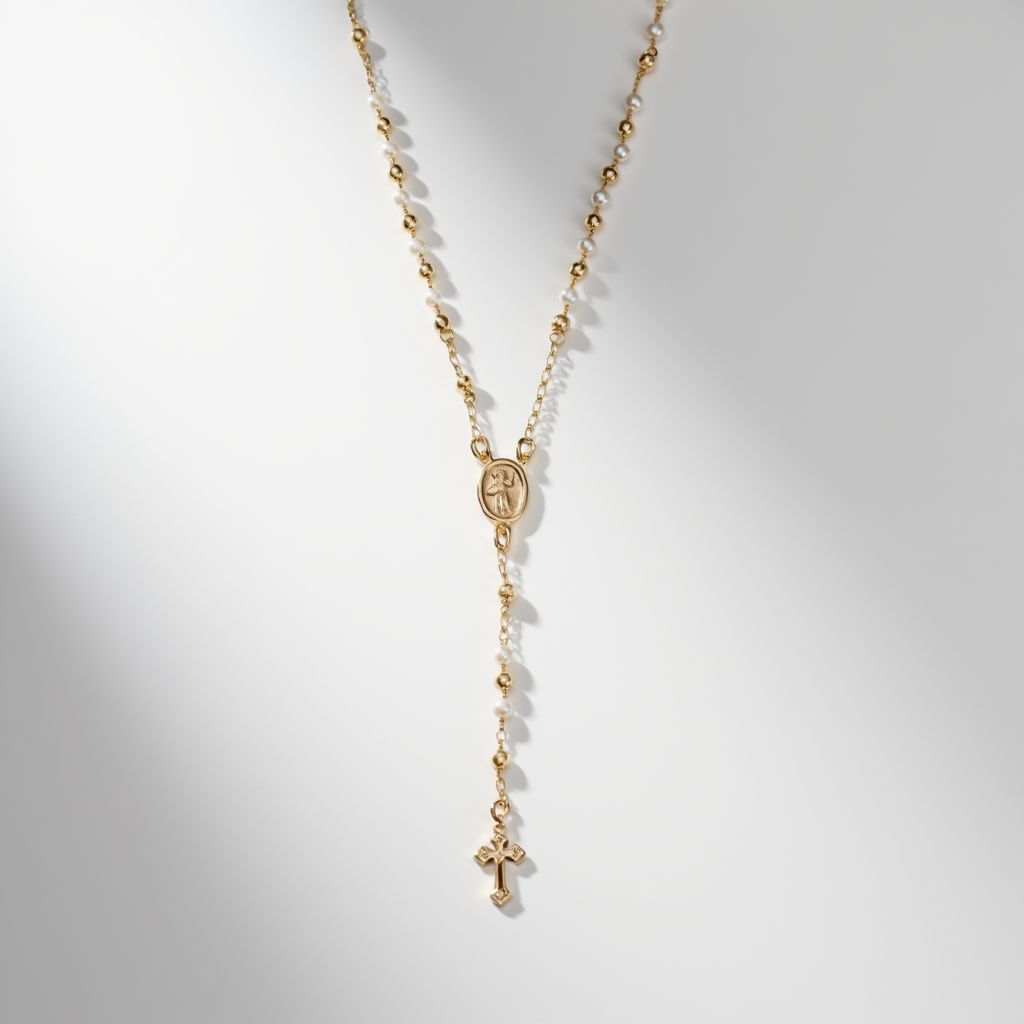 Mary Rosary Lariat Cross Necklace