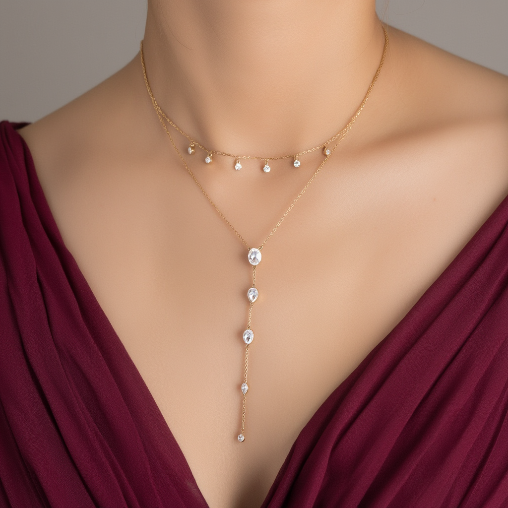 Dainty Crystals Y-Shape Necklace Sterling Silver