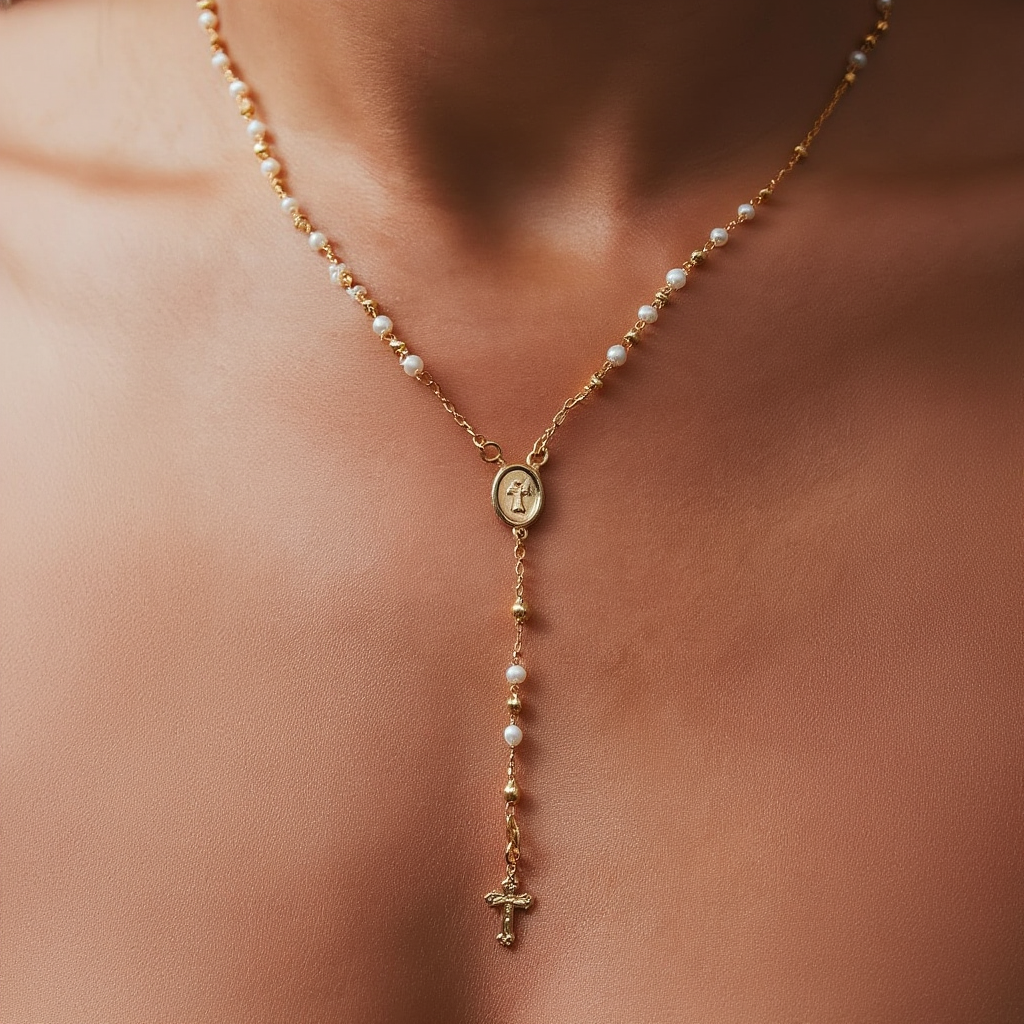 Mary Rosary Lariat Cross Necklace