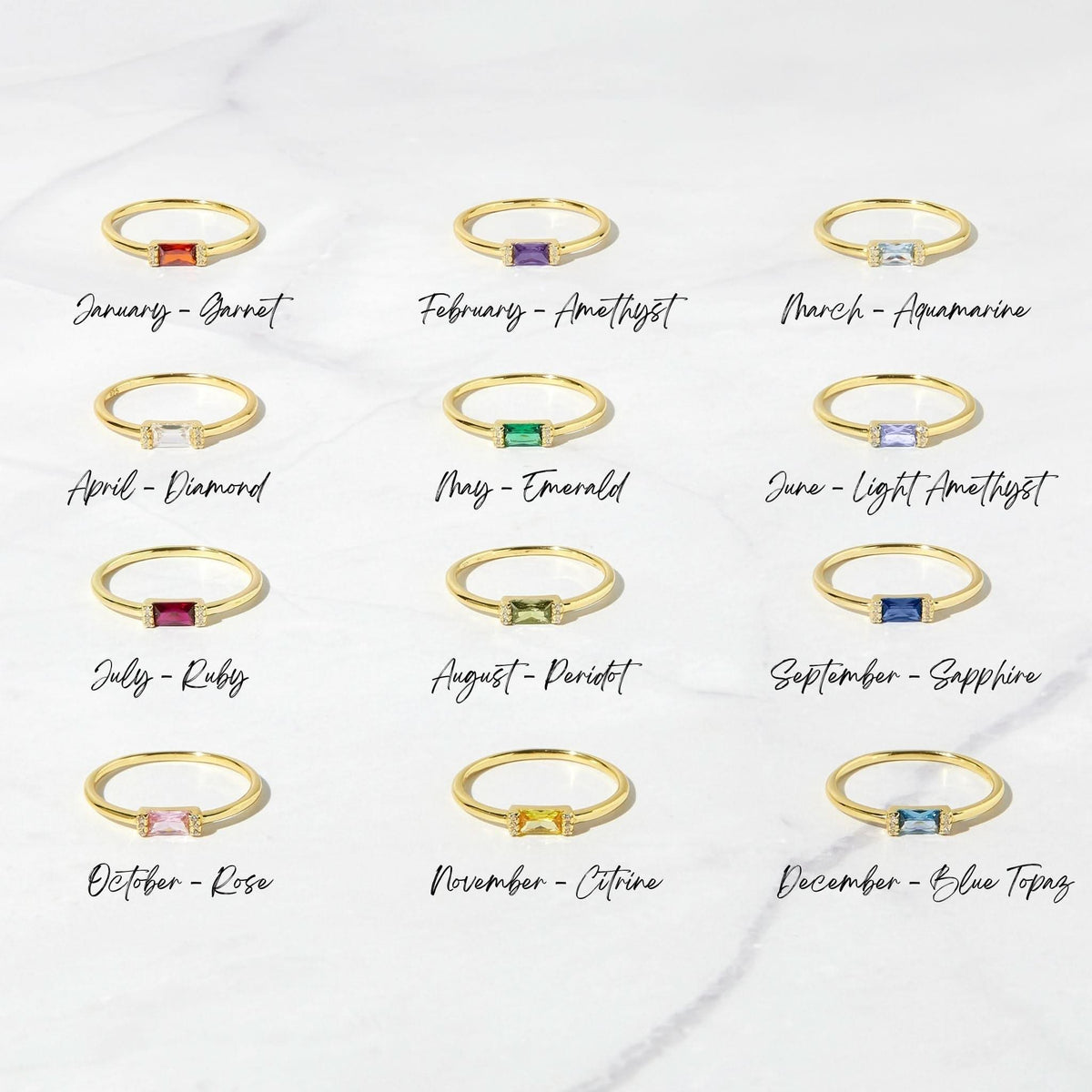 Gold Simple Baguette Birthstone Rings