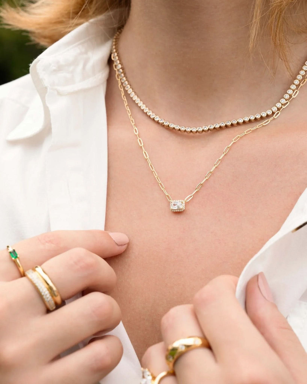 Halo Baguette Necklace w/ Paperclip Chain