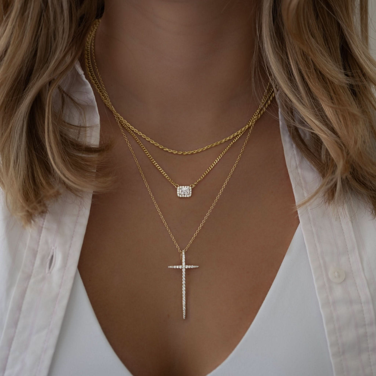 Halo Emerald Cut Necklace on Cuban Chain