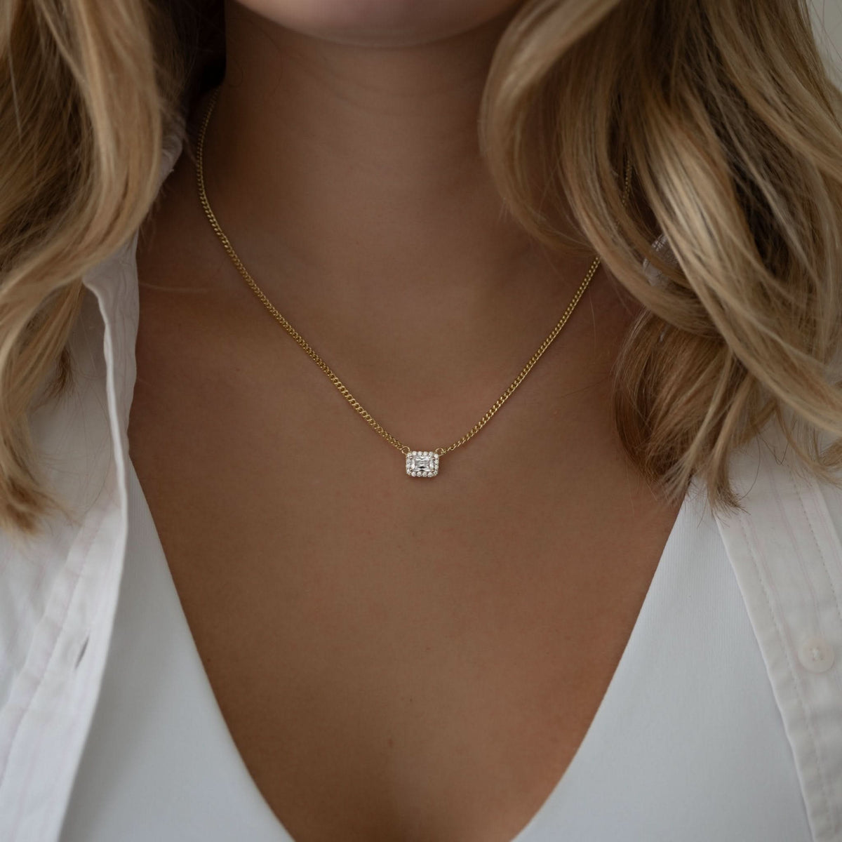 Halo Emerald Cut Necklace on Cuban Chain