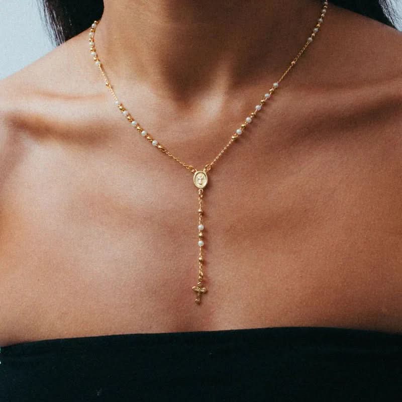 Mary Rosary Lariat Cross Necklace
