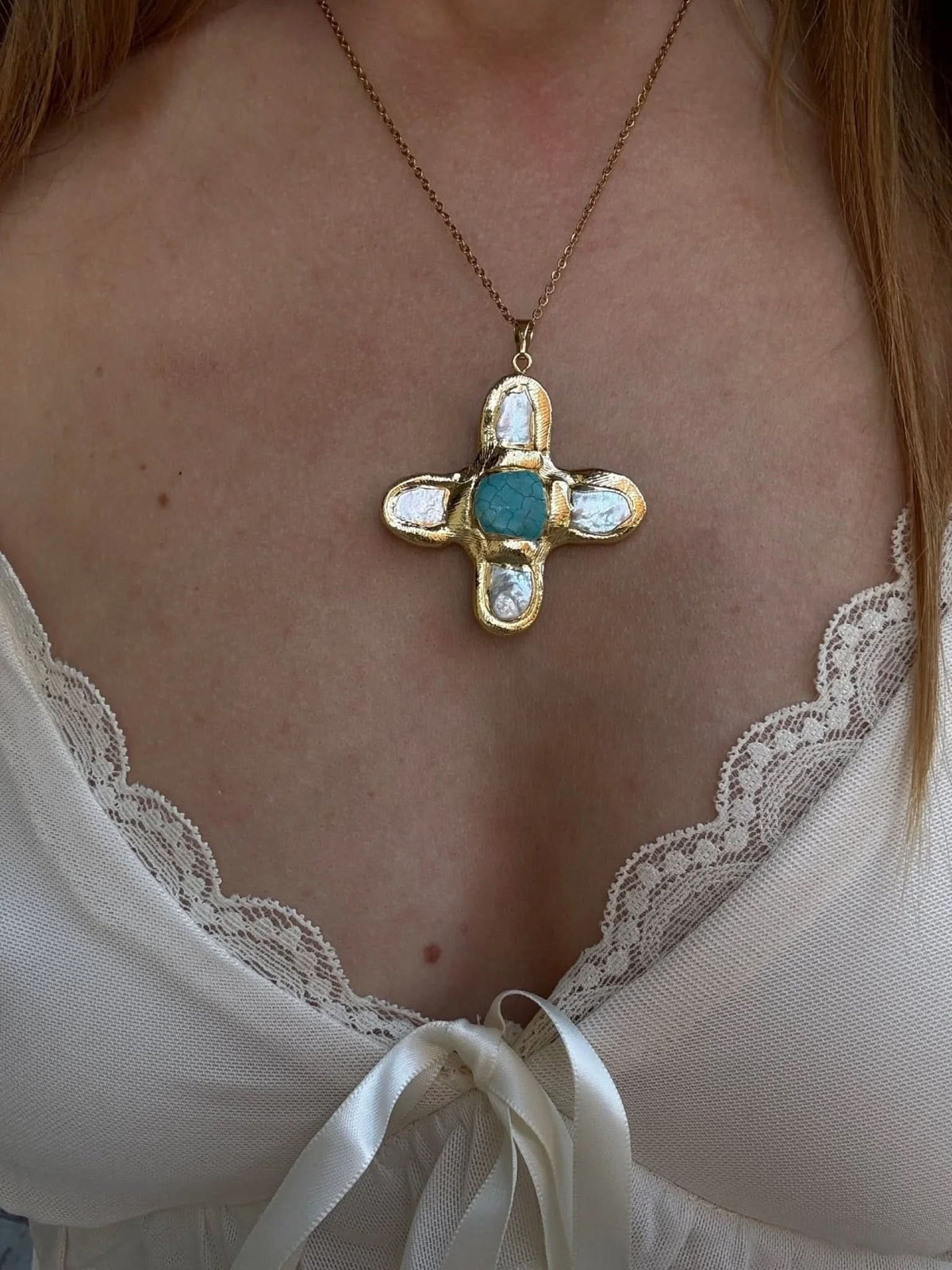 Molten Cross Necklace - Natural Pearl